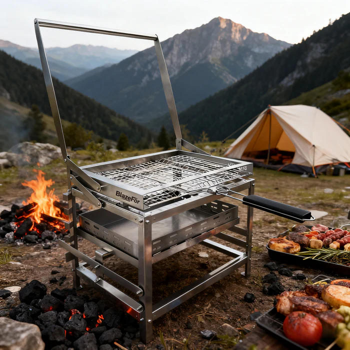 Adjustable Charcoal Rotating Grill, 360° BBQ Grill for Outdoor Cooking & Camping