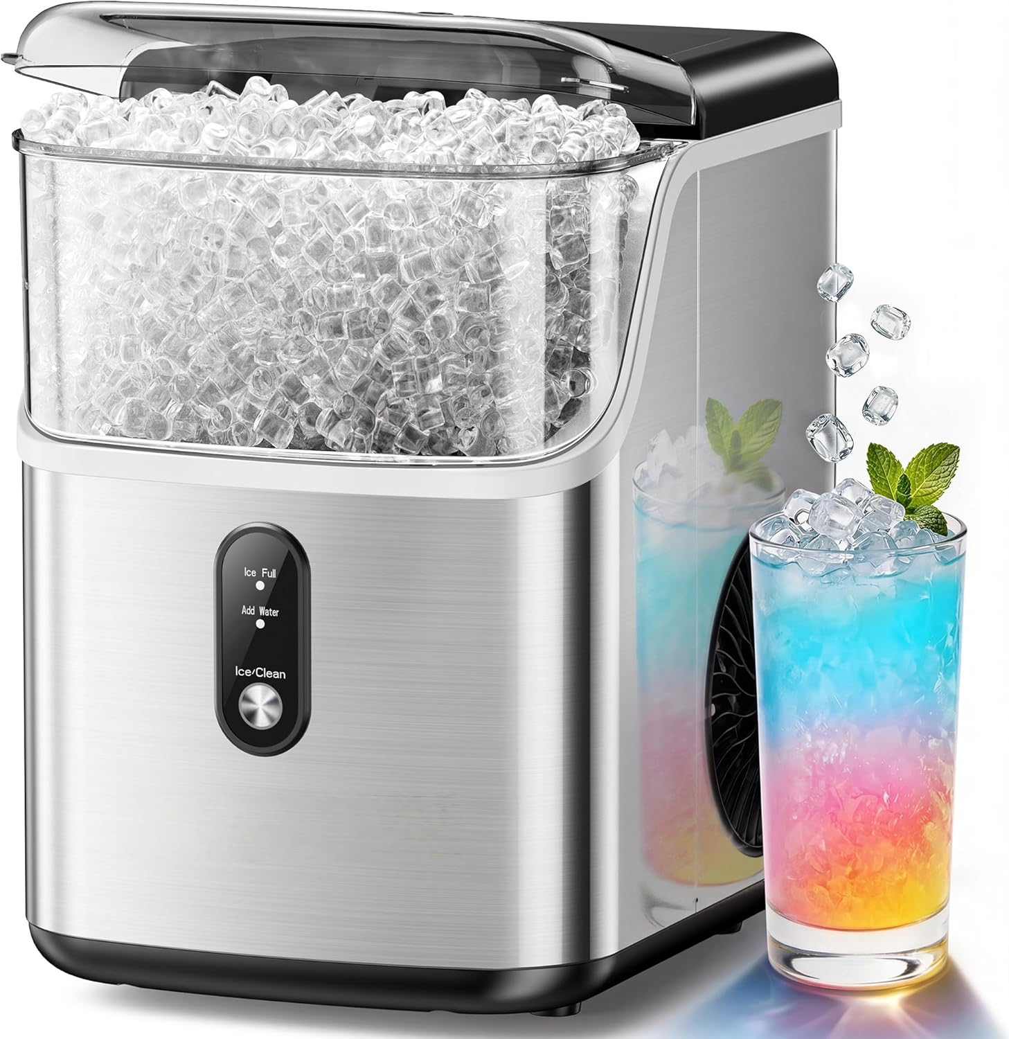 Stainless Steel Countertop Nugget Ice Maker, 34Lbs/24H Fast Pebble Pellet Sonic Ice Machine, Self-Cleaning with Ice Scoop & Basket for Home Kitchen Use