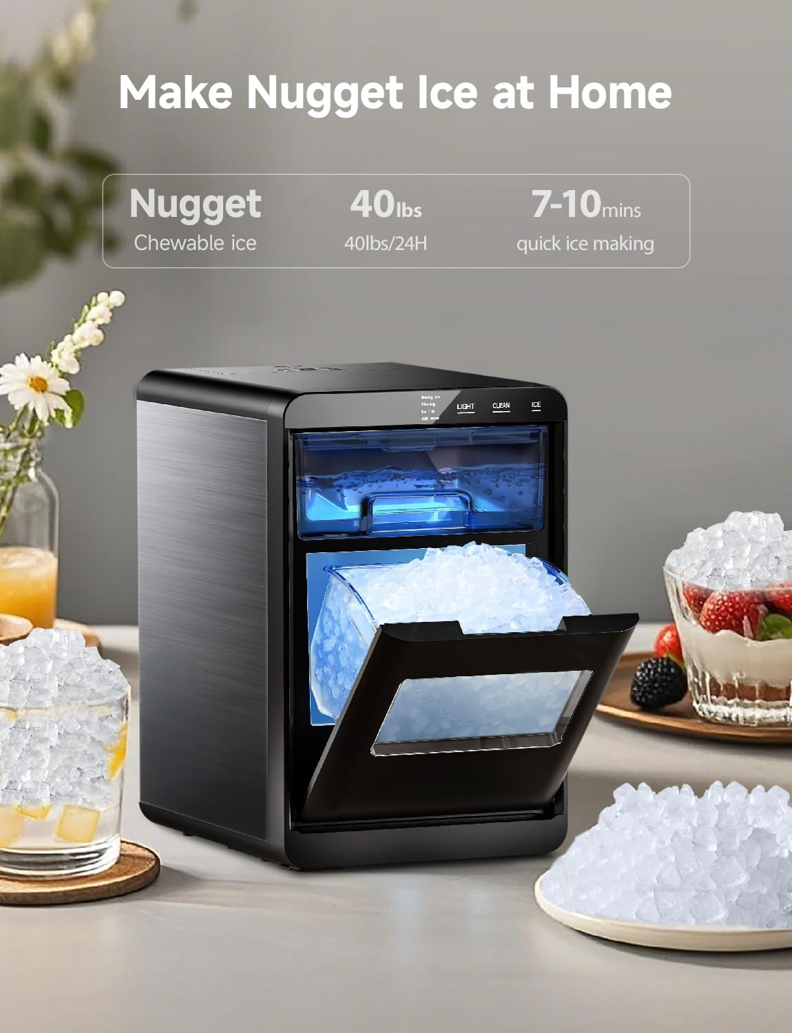 Fast Chewable Nugget Countertop Ice Maker | 40Lbs/24H Soft Pebble Pellet Ice Machine, Automatic Self-Cleaning Complete with Ice Scoop & Storage Basket for Home Kitchen Office Bar