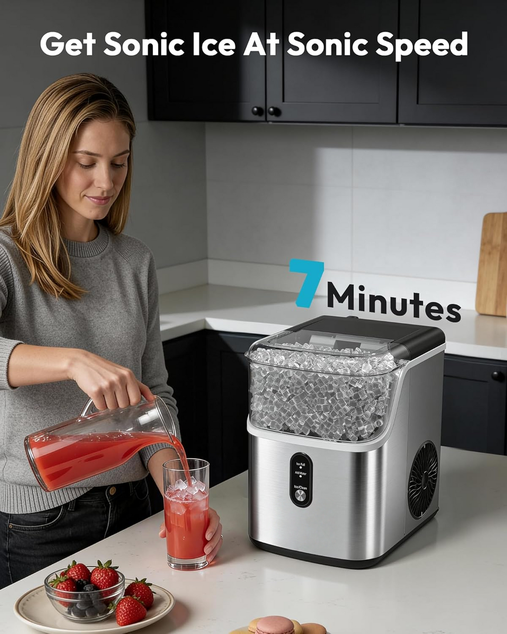 Stainless Steel Countertop Nugget Ice Maker, 34Lbs/24H Fast Pebble Pellet Sonic Ice Machine, Self-Cleaning with Ice Scoop & Basket for Home Kitchen Use