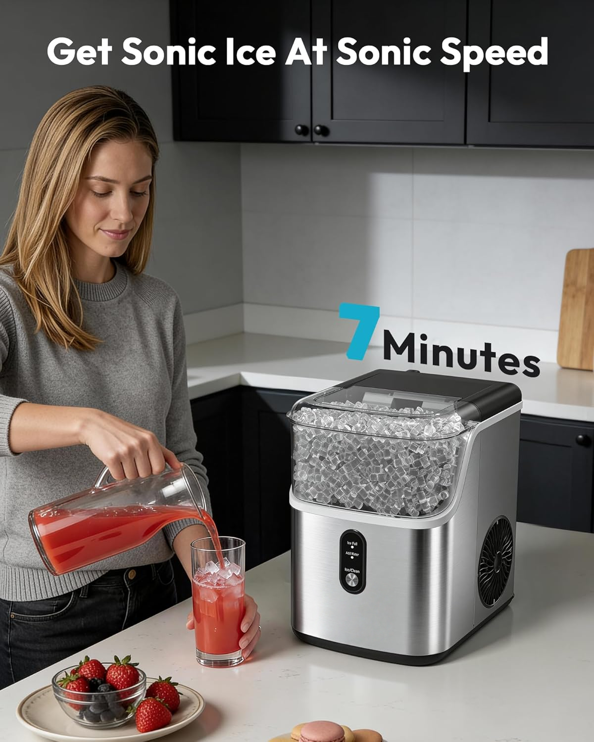 Stainless Steel Countertop Nugget Ice Maker, 34Lbs/24H Fast Pebble Pellet Sonic Ice Machine, Self-Cleaning with Ice Scoop & Basket for Home Kitchen Use