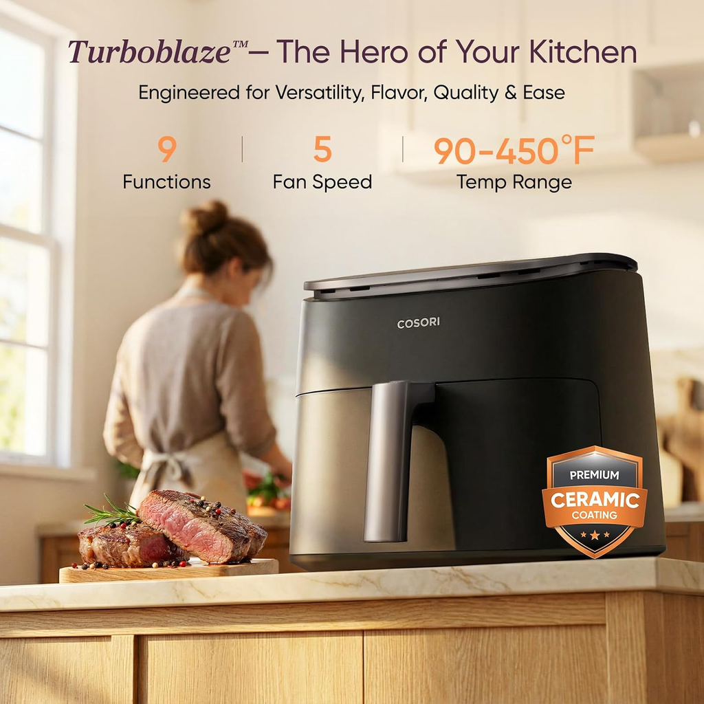 6 Qt 9-in-1 Air Fryer with Ceramic Coating, Precise Heating & Multiple Cooking Functions