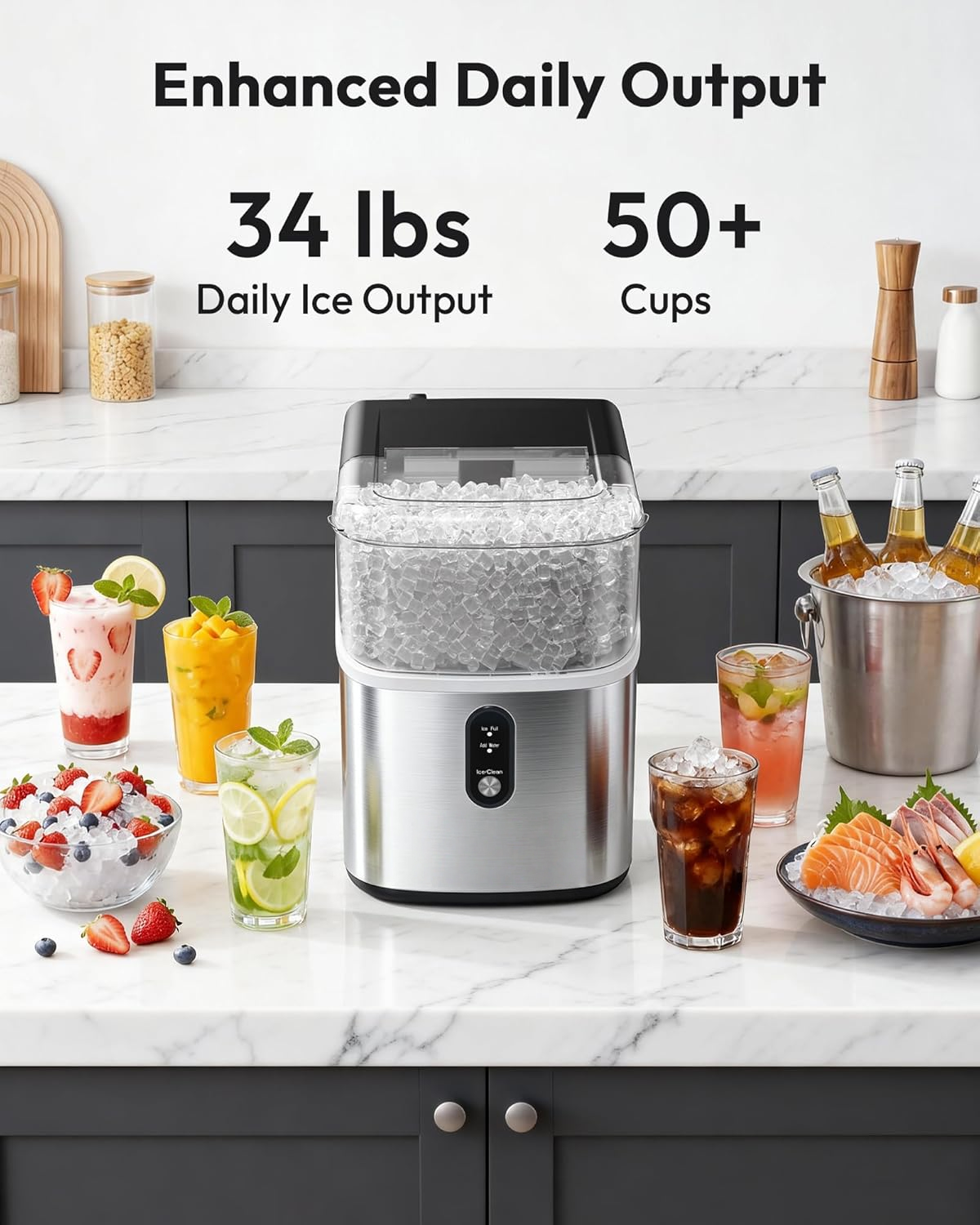 Stainless Steel Countertop Nugget Ice Maker, 34Lbs/24H Fast Pebble Pellet Sonic Ice Machine, Self-Cleaning with Ice Scoop & Basket for Home Kitchen Use