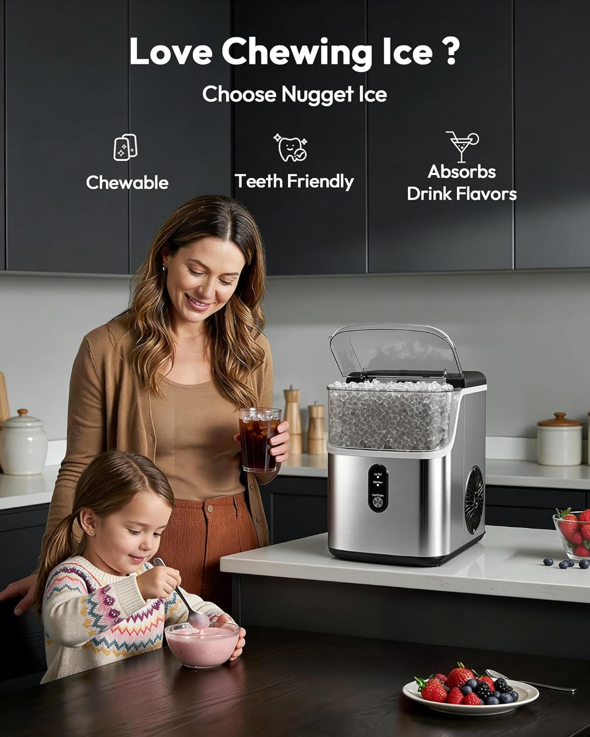 Stainless Steel Countertop Nugget Ice Maker, 34Lbs/24H Fast Pebble Pellet Sonic Ice Machine, Self-Cleaning with Ice Scoop & Basket for Home Kitchen Use