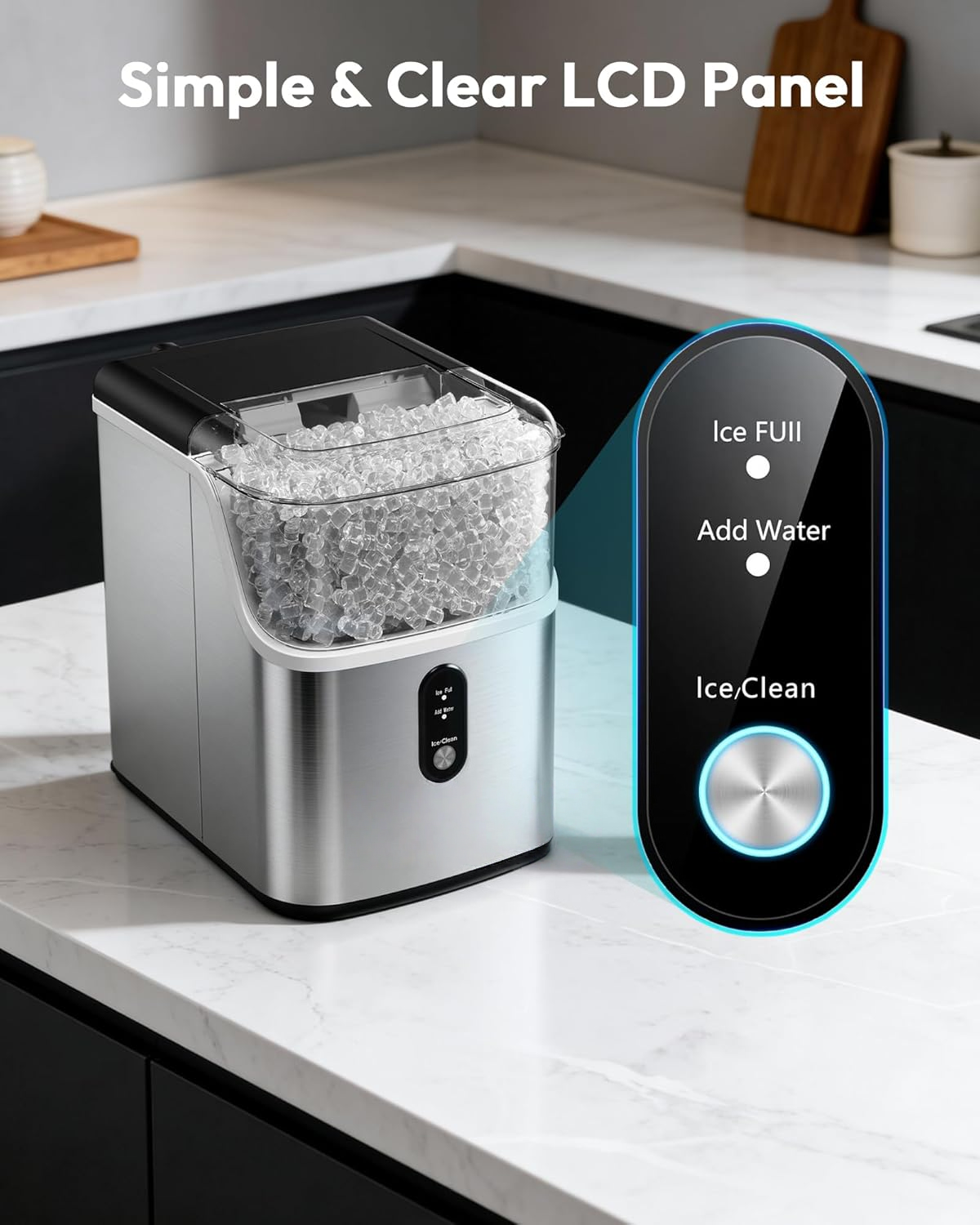 Stainless Steel Countertop Nugget Ice Maker, 34Lbs/24H Fast Pebble Pellet Sonic Ice Machine, Self-Cleaning with Ice Scoop & Basket for Home Kitchen Use