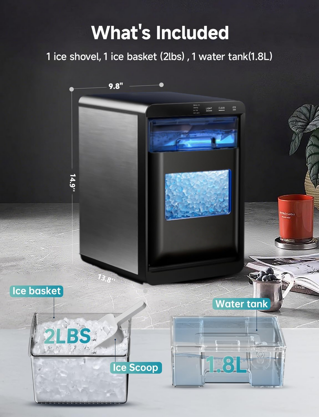 Fast Chewable Nugget Countertop Ice Maker | 40Lbs/24H Soft Pebble Pellet Ice Machine, Automatic Self-Cleaning Complete with Ice Scoop & Storage Basket for Home Kitchen Office Bar